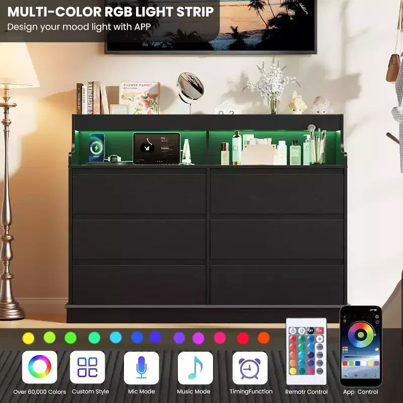 Commode de 51" de large, 6 tiroirs, commode moderne, avec lumières LED, station de charge, étagère ouverte, pour salon
