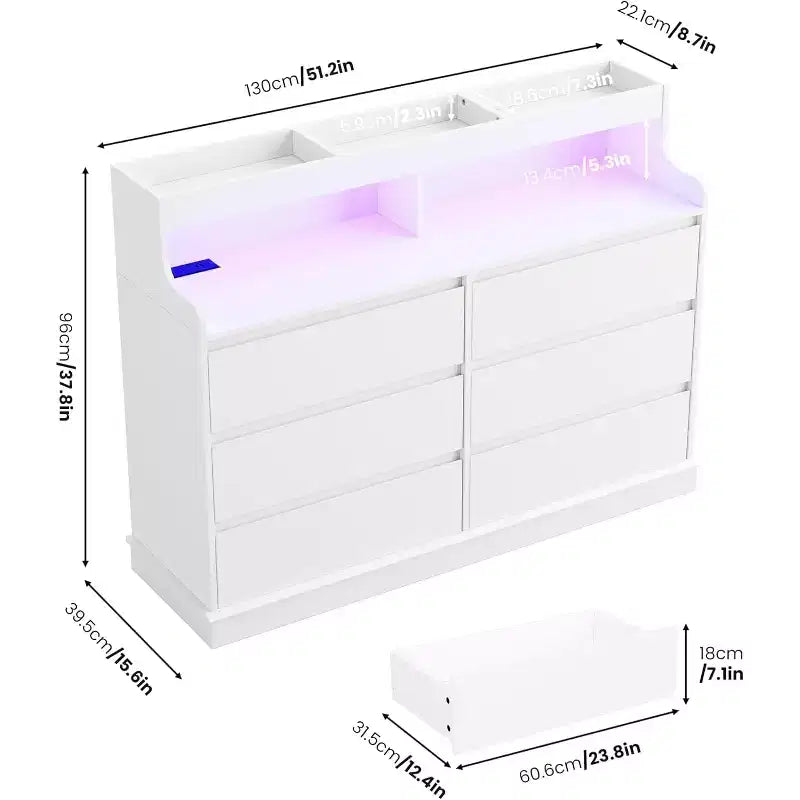 Commode de 51" de large, 6 tiroirs, commode moderne, avec lumières LED, station de charge, étagère ouverte, pour salon