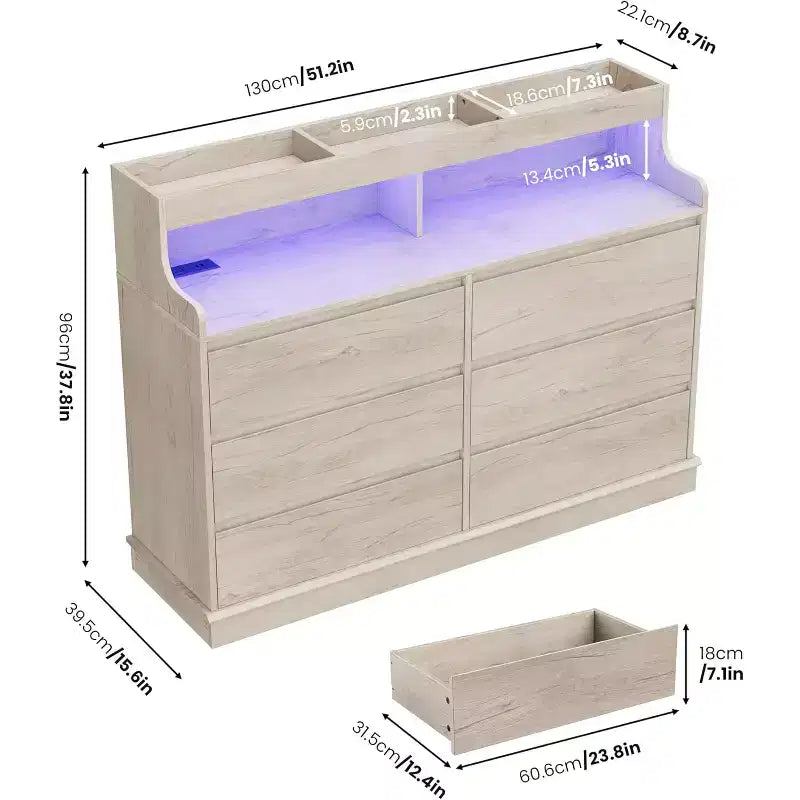 Commode de 51" de large, 6 tiroirs, commode moderne, avec lumières LED, station de charge, étagère ouverte, pour salon