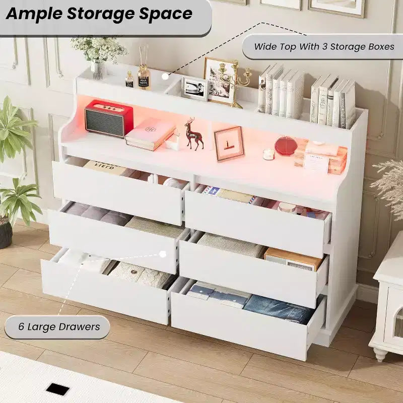 Commode de 51" de large, 6 tiroirs, commode moderne, avec lumières LED, station de charge, étagère ouverte, pour salon