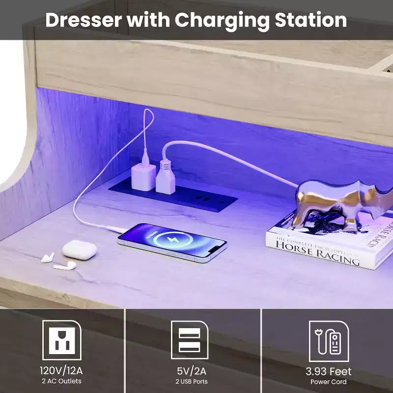 Commode de 51" de large, 6 tiroirs, commode moderne, avec lumières LED, station de charge, étagère ouverte, pour salon