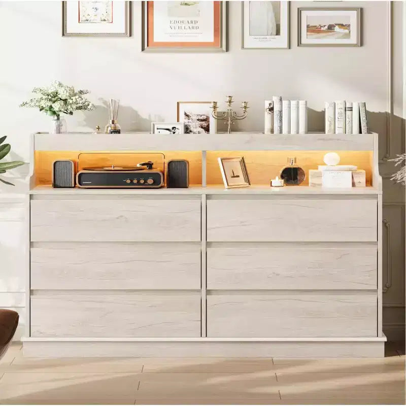51 Wide Chest of Drawers, 6 Drawers Modern Chest, with LED Lights, Charging Station, Open Shelf, for Living Room