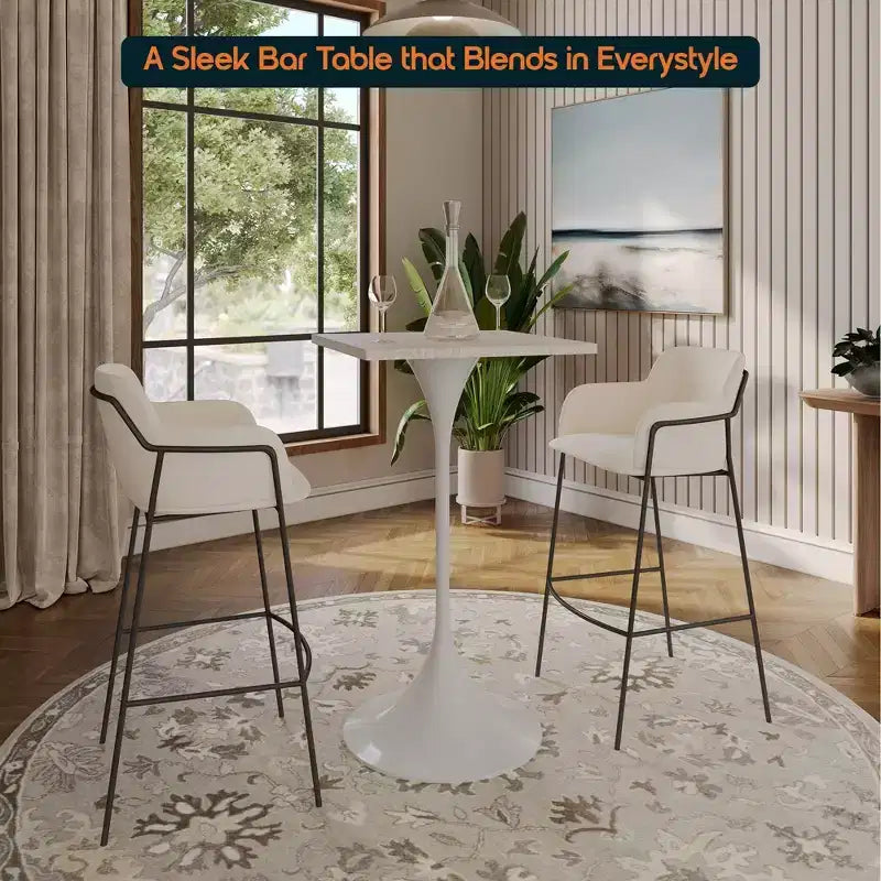 LeisureMod Verve Table à manger carrée 24 pouces hauteur bar - Plateau en MDF moderne avec piédestal blanc Table hauteur comptoir pour cuisine, maison et pub
