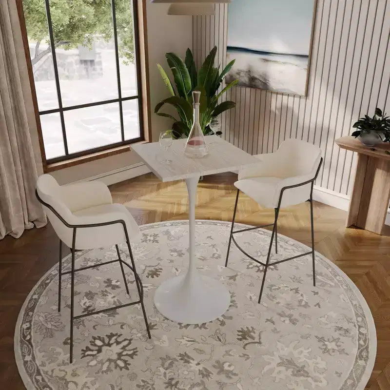 LeisureMod Verve Table à manger carrée 24 pouces hauteur bar - Plateau en MDF moderne avec piédestal blanc Table hauteur comptoir pour cuisine, maison et pub