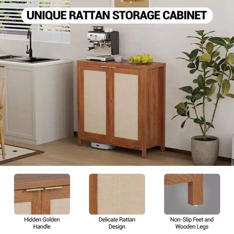 Meuble de rangement autoportant en rotin avec portes et étagères réglables, buffet moderne pour salon, salle à manger, cuisine