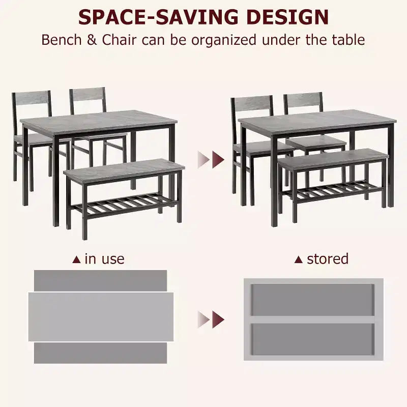 Ensemble table à manger pour 4 avec chaises et banc, table de cuisine moderne, design métal et bois, pour petits appartements