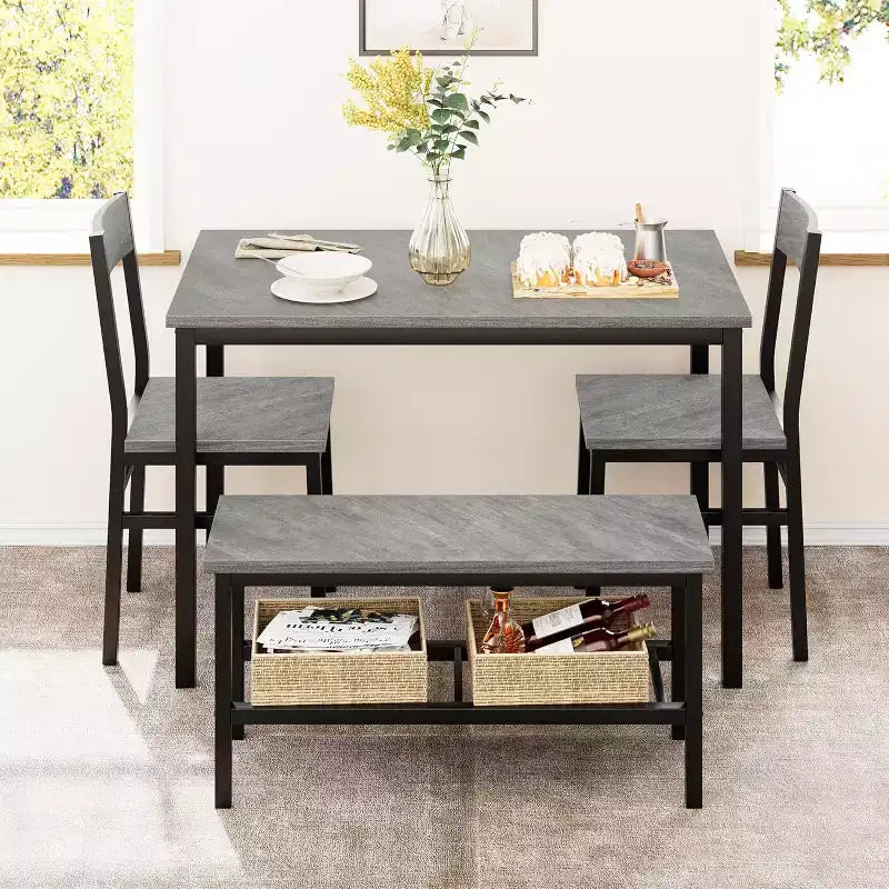 Ensemble table à manger pour 4 avec chaises et banc, table de cuisine moderne, design métal et bois, pour petits appartements