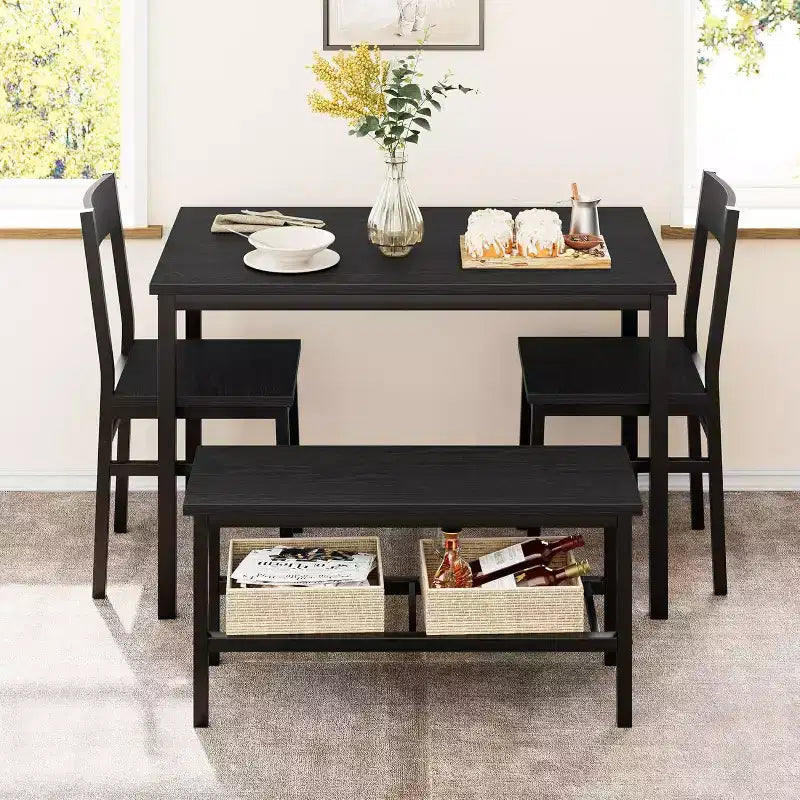 Ensemble table à manger pour 4 avec chaises et banc, table de cuisine moderne, design métal et bois, pour petits appartements