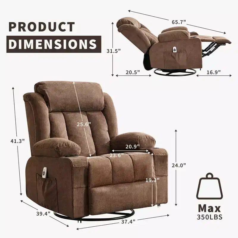 Fauteuil inclinable, pivotant à 360° et à bascule avec fonction chauffante et massante pour personnes fortes et de grande taille, avec télécommande, porte-gobelets, poches latérales et port de chargement USB