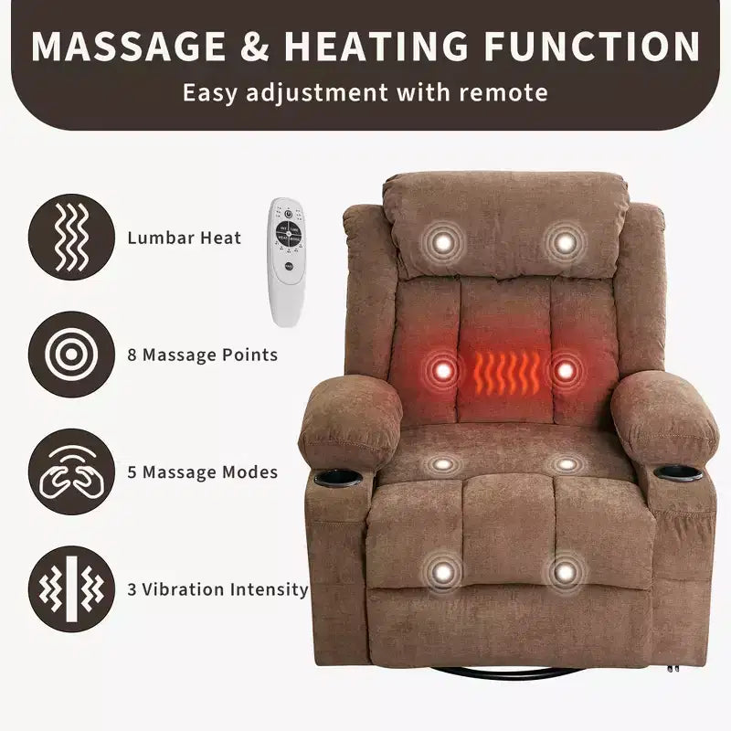 Fauteuil inclinable, pivotant à 360° et à bascule avec fonction chauffante et massante pour personnes fortes et de grande taille, avec télécommande, porte-gobelets, poches latérales et port de chargement USB
