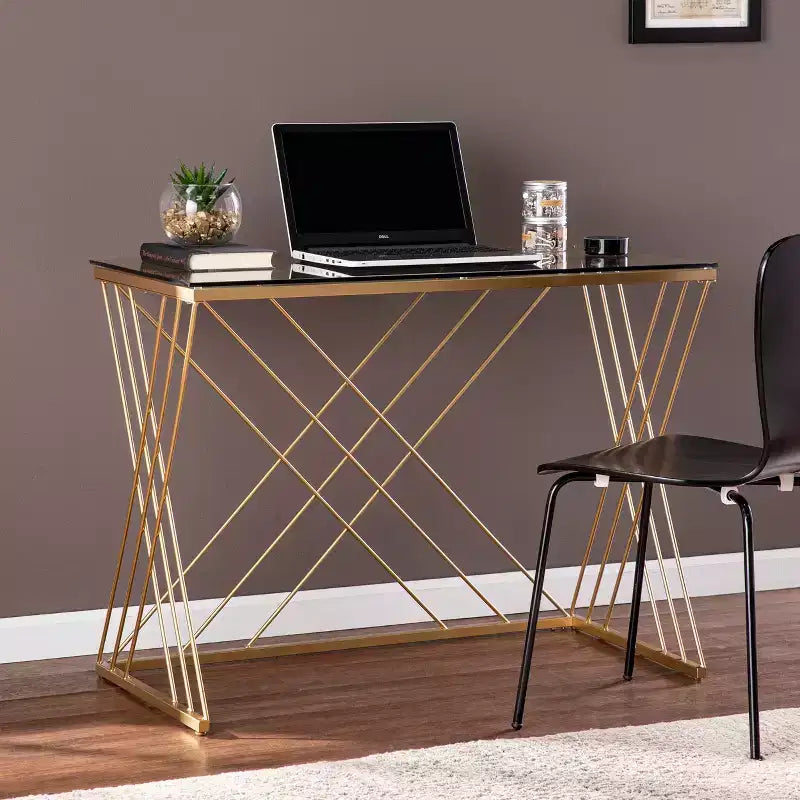 Bureau moderne Dezby en verre trempé – Doré – SEI