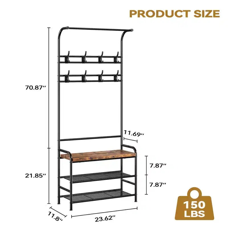 YESFASHION Portemanteau, Banc à chaussures, Meuble d'entrée 3-en-1, Étagère de rangement à 3 niveaux et 8 crochets, Organisateur de chaussures autoportant pour Entrée, Chambre à coucher