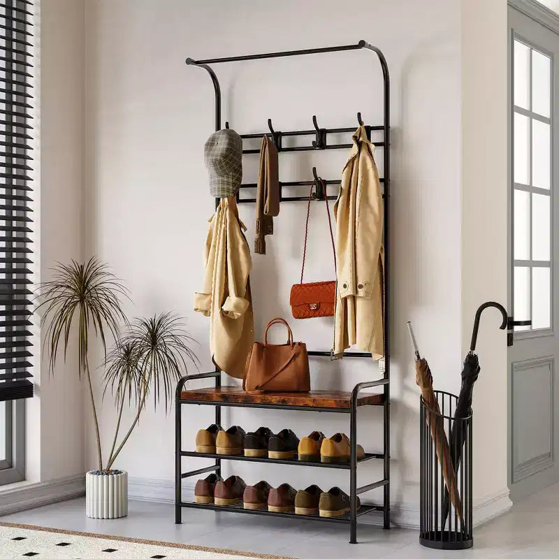 YESFASHION Portemanteau, Banc à chaussures, Meuble d'entrée 3-en-1, Étagère de rangement à 3 niveaux et 8 crochets, Organisateur de chaussures autoportant pour Entrée, Chambre à coucher