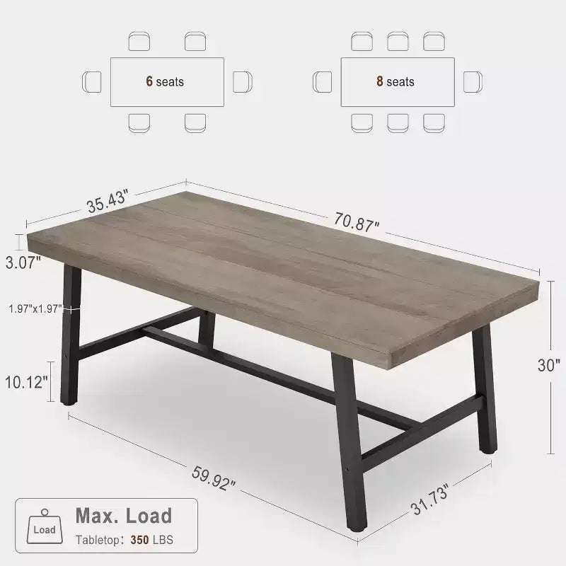 Table de salle à manger rectangulaire de 70,87 po pour 6 à 8 personnes, cadre en métal robuste, table de cuisine et de salle à manger moderne industrielle