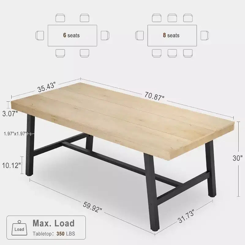 Table de salle à manger rectangulaire de 70,87 po pour 6 à 8 personnes, cadre en métal robuste, table de cuisine et de salle à manger moderne industrielle