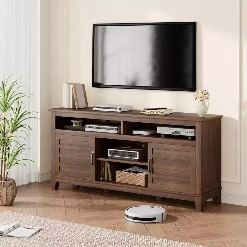 Meuble TV de 65 pouces avec étagères réglables et 8 compartiments de rangement, meuble double porte semi-ouvert pour salon et chambre à coucher