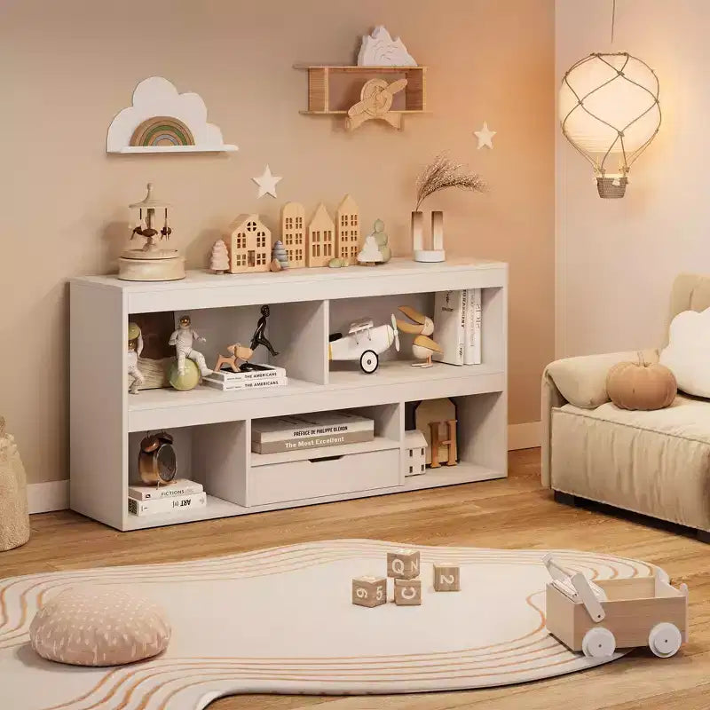 Étagère à Livres et Rangement de Jouets 5 Cubes pour Enfants avec Tiroir - Maisonnette de Rangement en Bois pour Salle de Jeux et Chambre de Bébé - Naturel