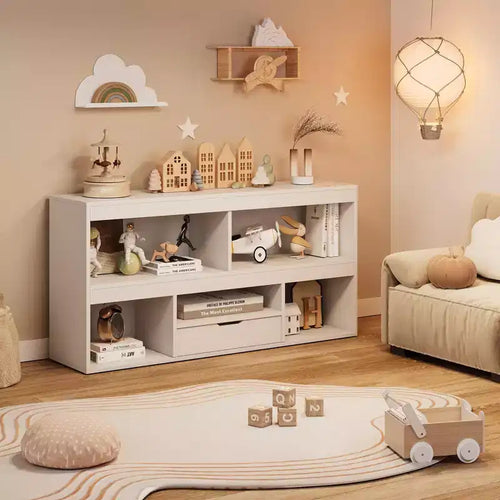 Étagère à Livres et Rangement de Jouets 5 Cubes pour Enfants avec Tiroir - Maisonnette de Rangement en Bois pour Salle de Jeux et Chambre de Bébé - Naturel