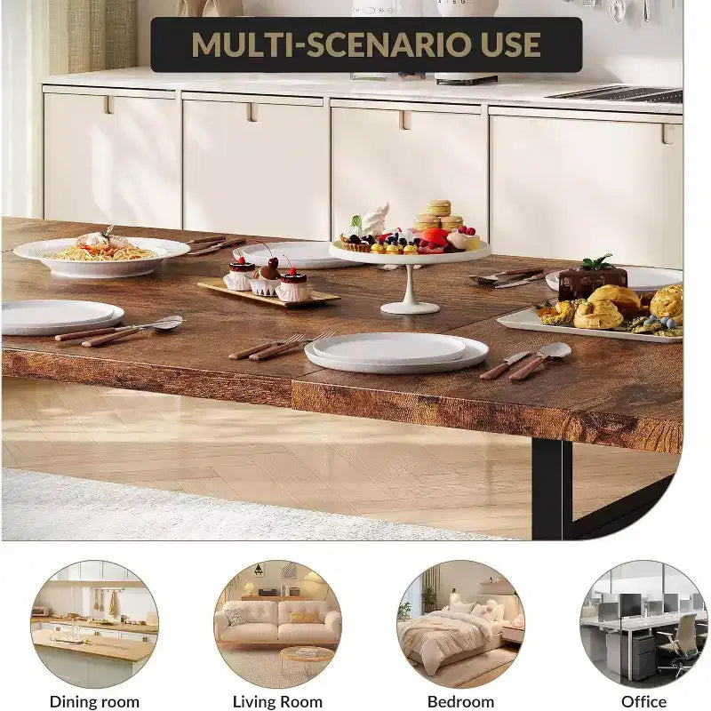 Table à manger de style ferme de 180 cm pour 6-8 personnes, table de cuisine rectangulaire de style rustique, pieds métalliques géométriques et plateau en bois épais, facile à nettoyer