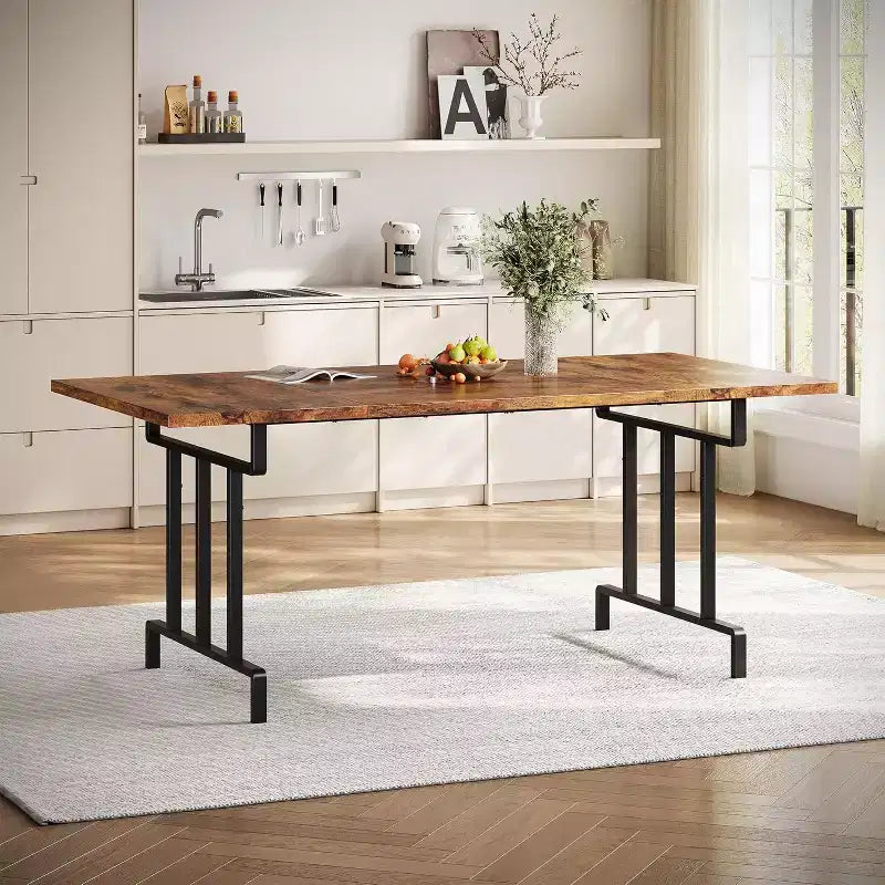 Table à manger de style ferme de 180 cm pour 6-8 personnes, table de cuisine rectangulaire de style rustique, pieds métalliques géométriques et plateau en bois épais, facile à nettoyer