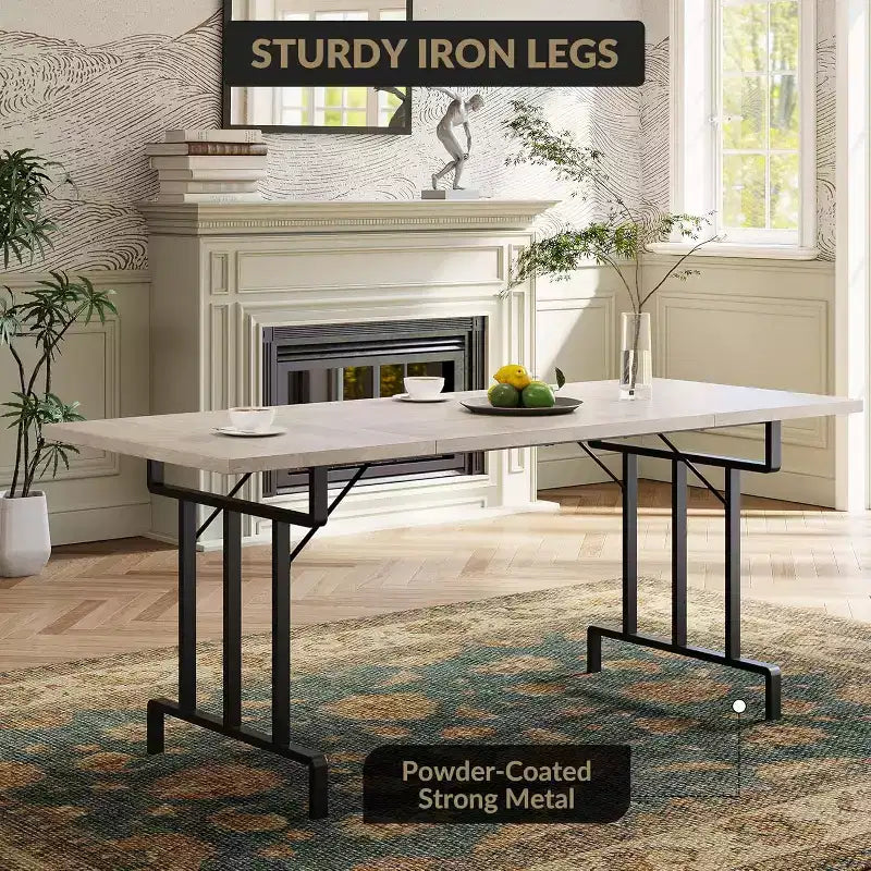 Table à manger de style ferme de 180 cm pour 6-8 personnes, table de cuisine rectangulaire de style rustique, pieds métalliques géométriques et plateau en bois épais, facile à nettoyer
