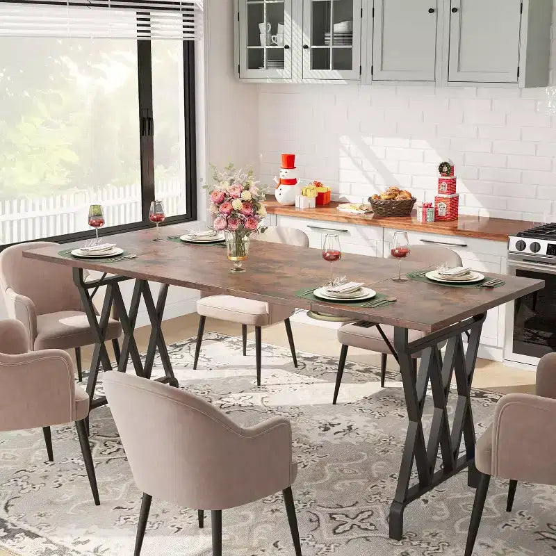 Grande table à manger industrielle de 180 cm pour 4 à 6 personnes, avec pieds métalliques robustes, pieds métalliques géométriques et plateau en bois épais, pour la maison et le bureau