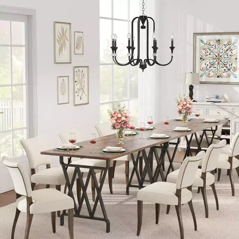 Grande table à manger industrielle de 180 cm pour 4 à 6 personnes, avec pieds métalliques robustes, pieds métalliques géométriques et plateau en bois épais, pour la maison et le bureau