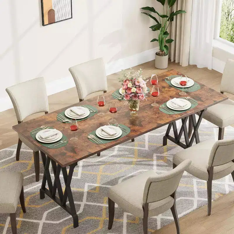 Grande table à manger industrielle de 180 cm pour 4 à 6 personnes, avec pieds métalliques robustes, pieds métalliques géométriques et plateau en bois épais, pour la maison et le bureau