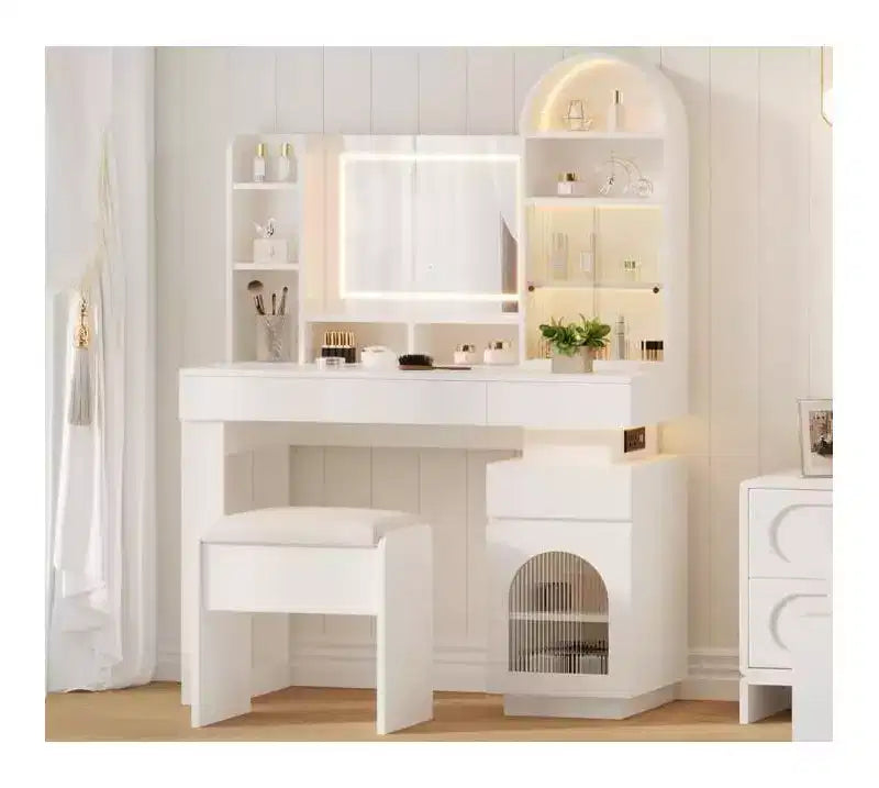 Vanity Desk with Lighted Mirror, Makeup Vanity Table with 3 Storage Drawers and 11 Shelves