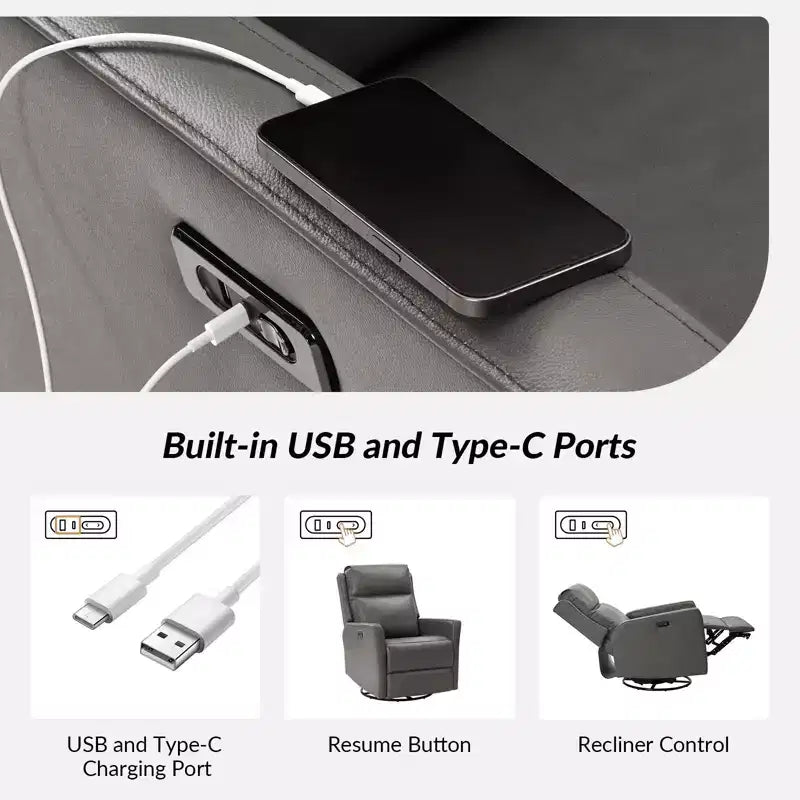 Fauteuil inclinable électrique transitoire en cuir véritable Mario avec ports USB | ART OF LIVING DESIGNS-GRIS