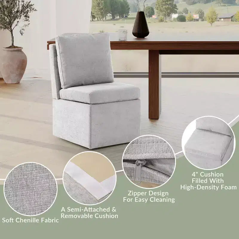 Chaises de salle à manger sans accoudoirs WestinTrends Soho Modern en chenille rembourrée avec roulettes (lot de 6), gris clair