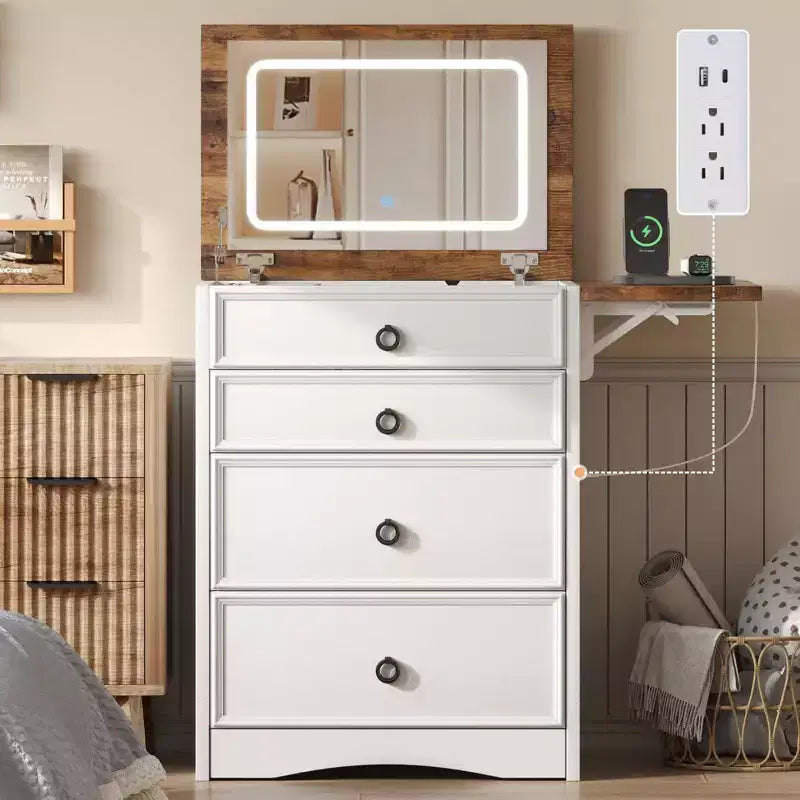 AMERLIFE Coiffeuse 3 en 1 avec Tabouret Coulissant, Panneau Pliant et Lumière LED Réglable
