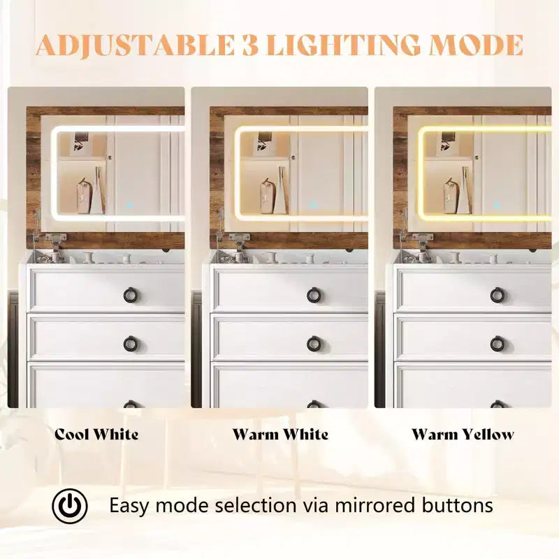 AMERLIFE Coiffeuse 3 en 1 avec Tabouret Coulissant, Panneau Pliant et Lumière LED Réglable