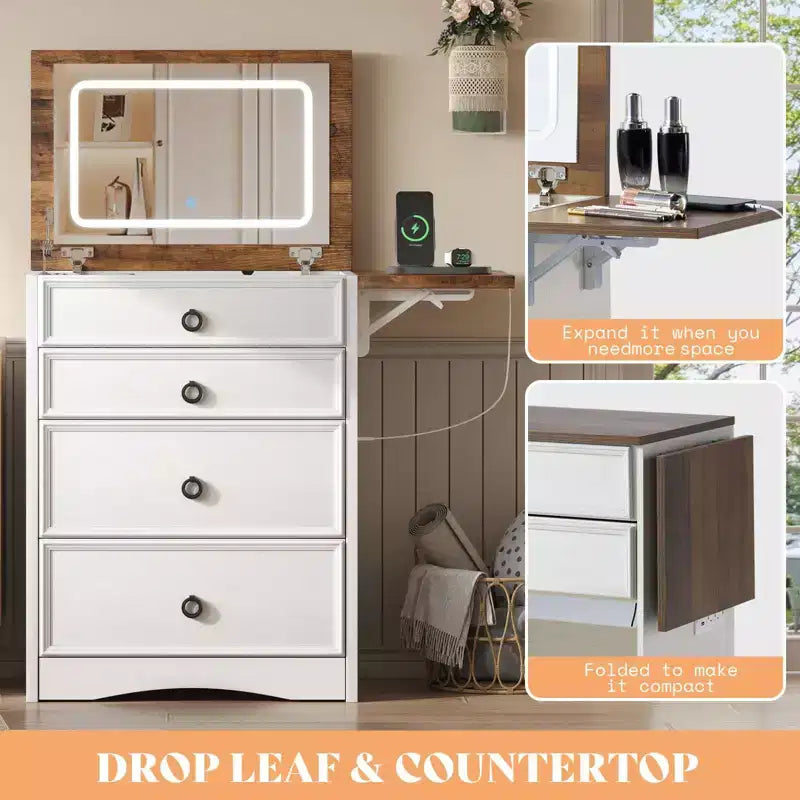 AMERLIFE Coiffeuse 3 en 1 avec Tabouret Coulissant, Panneau Pliant et Lumière LED Réglable