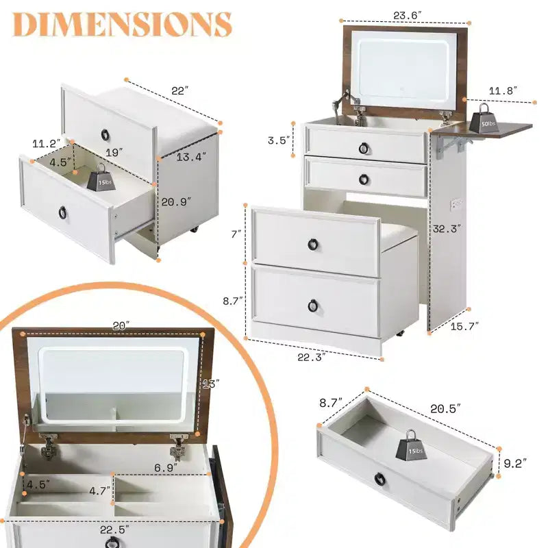 AMERLIFE Coiffeuse 3 en 1 avec Tabouret Coulissant, Panneau Pliant et Lumière LED Réglable