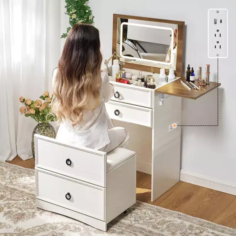 AMERLIFE Coiffeuse 3 en 1 avec Tabouret Coulissant, Panneau Pliant et Lumière LED Réglable