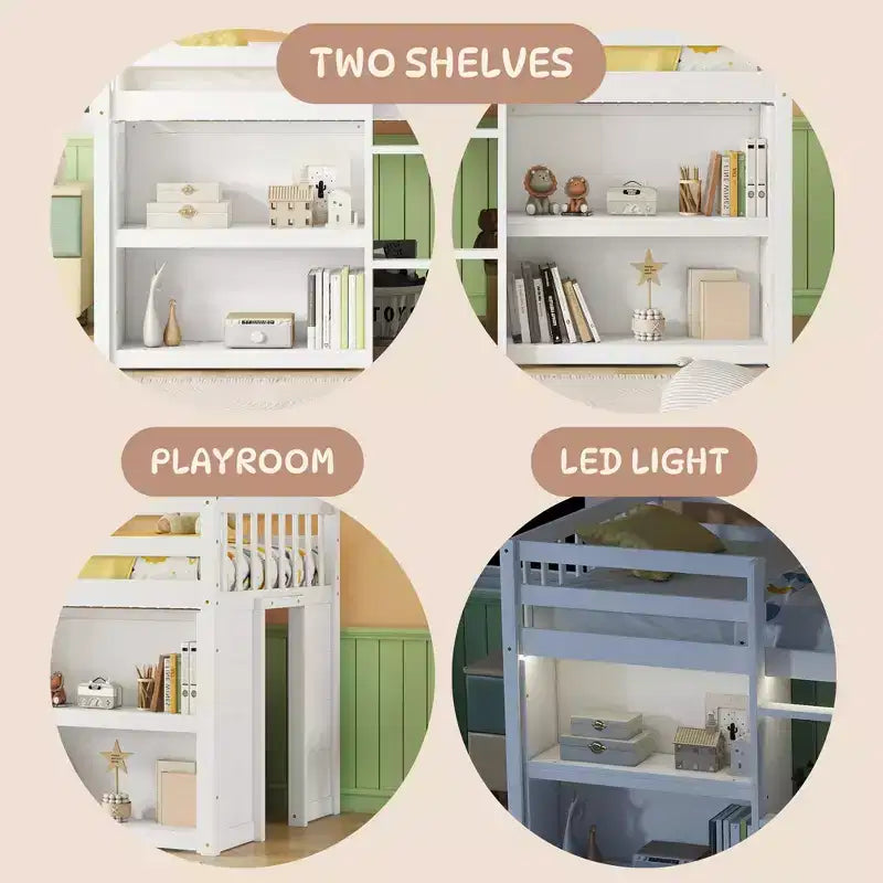 Lit mezzanine Okak taille double avec étagères et lumières LED, lit mezzanine compact taille double avec rangement et aire de jeux, lit superposé bas robuste pour enfants