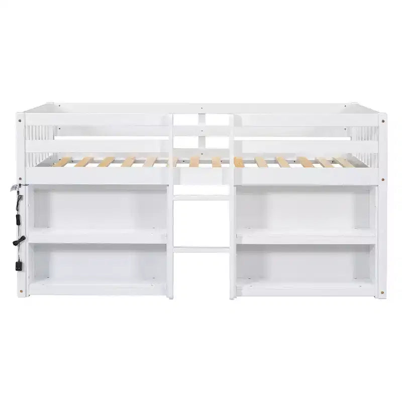 Lit mezzanine Okak taille double avec étagères et lumières LED, lit mezzanine compact taille double avec rangement et aire de jeux, lit superposé bas robuste pour enfants