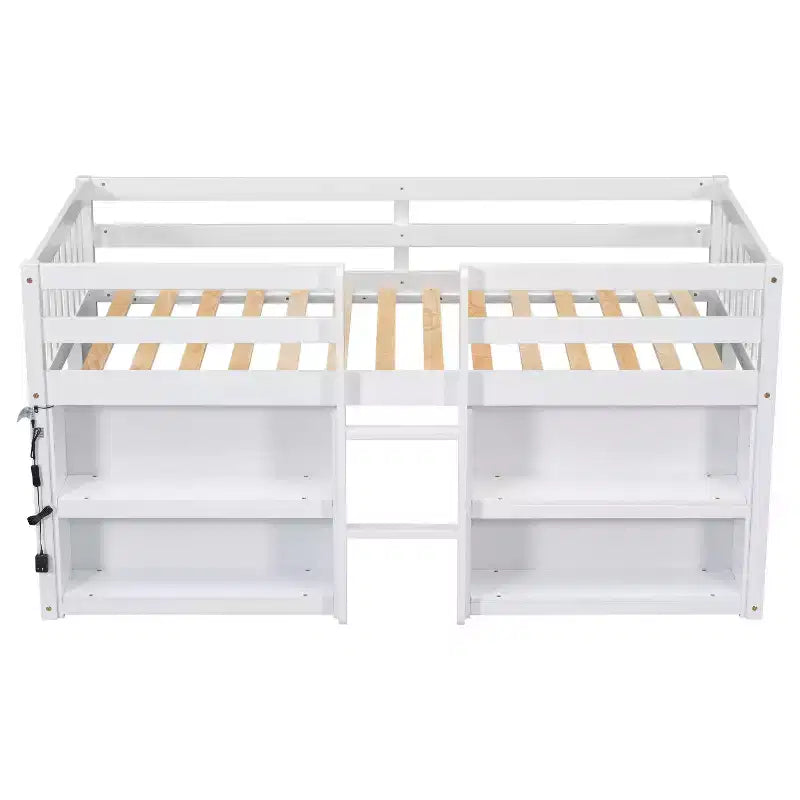 Lit mezzanine Okak taille double avec étagères et lumières LED, lit mezzanine compact taille double avec rangement et aire de jeux, lit superposé bas robuste pour enfants