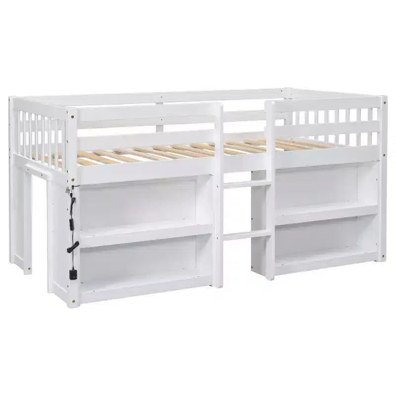 Lit mezzanine Okak taille double avec étagères et lumières LED, lit mezzanine compact taille double avec rangement et aire de jeux, lit superposé bas robuste pour enfants