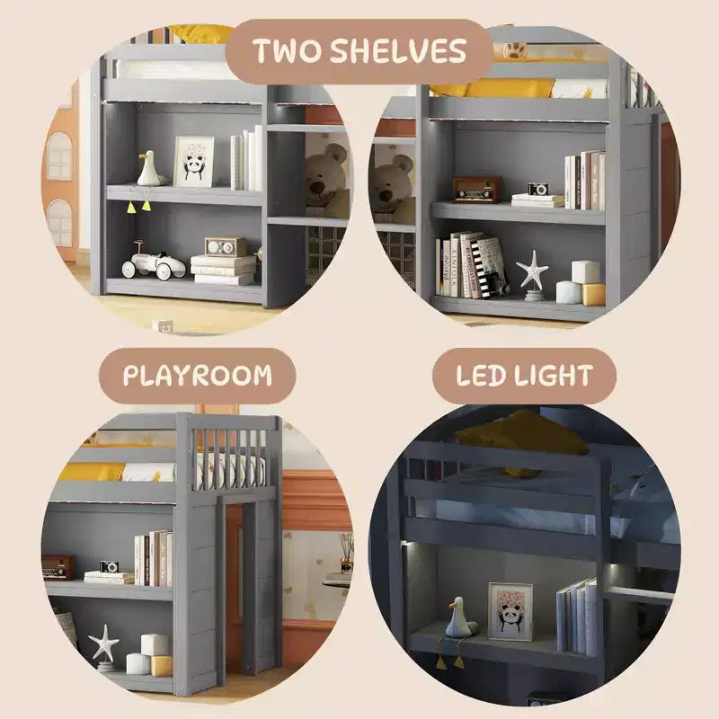 Lit mezzanine Okak taille double avec étagères et lumières LED, lit mezzanine compact taille double avec rangement et aire de jeux, lit superposé bas robuste pour enfants