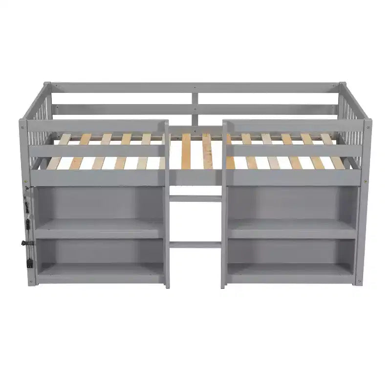 Lit mezzanine Okak taille double avec étagères et lumières LED, lit mezzanine compact taille double avec rangement et aire de jeux, lit superposé bas robuste pour enfants