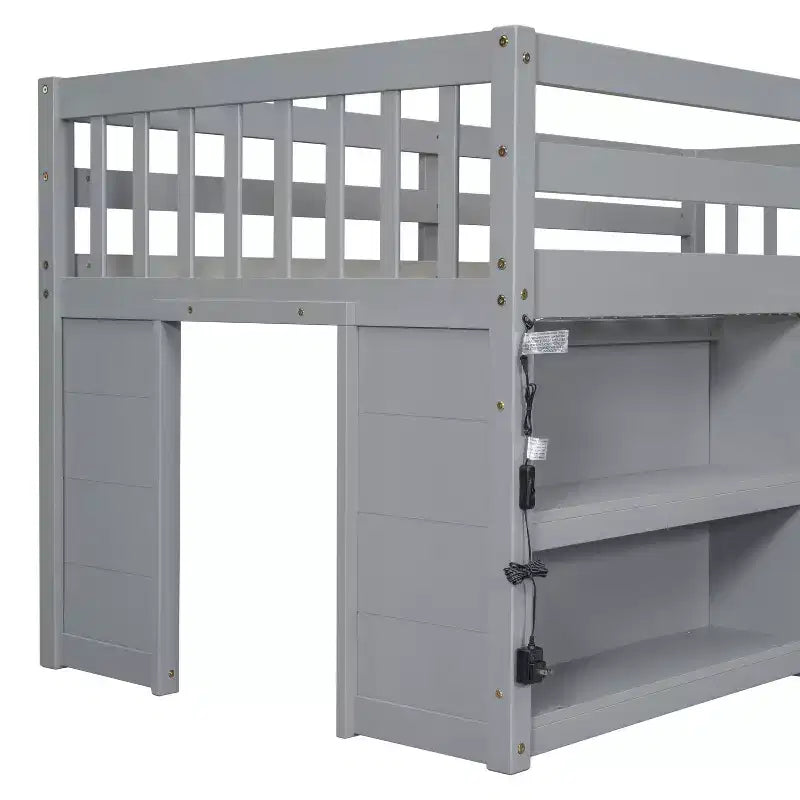 Lit mezzanine Okak taille double avec étagères et lumières LED, lit mezzanine compact taille double avec rangement et aire de jeux, lit superposé bas robuste pour enfants
