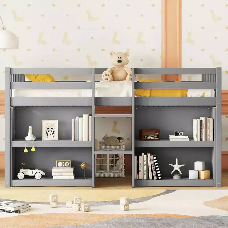 Lit mezzanine Okak taille double avec étagères et lumières LED, lit mezzanine compact taille double avec rangement et aire de jeux, lit superposé bas robuste pour enfants