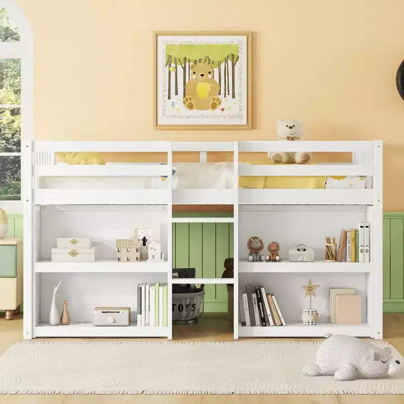 Okak Twin Size Loft Bed with Shelves & LED Lights,Space-Saving Loft Bed Twin Size with Storage & Play Area,Sturdy Low Bunk Bed for Kids