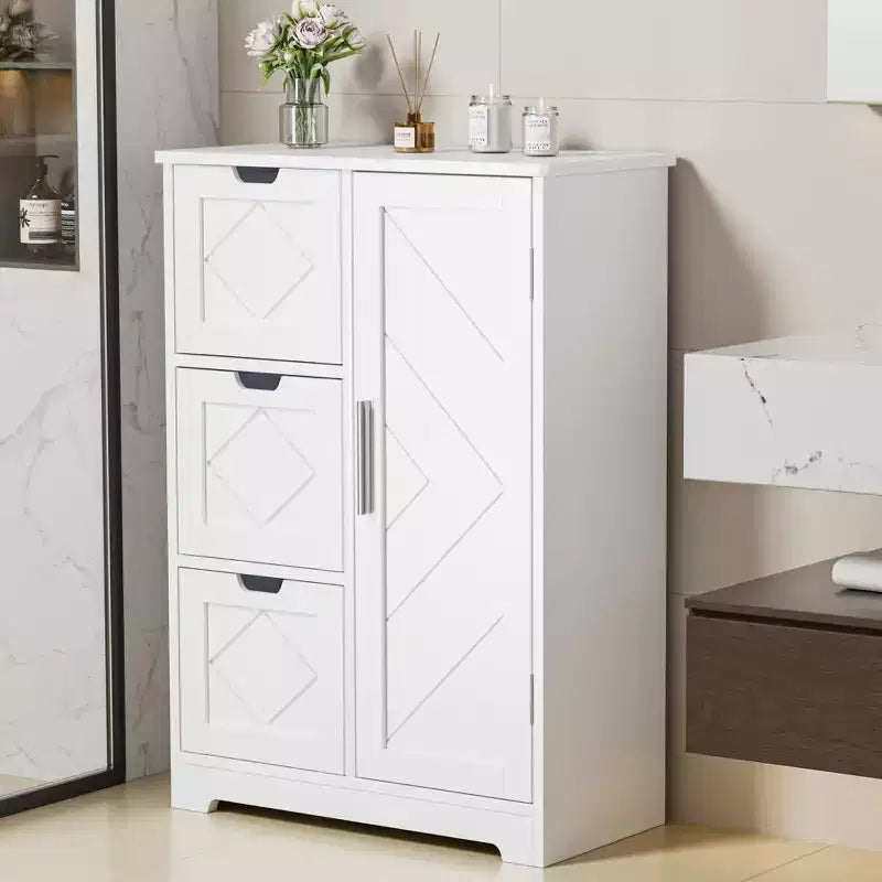 Meuble de Rangement Salle de Bain VECELO, Meuble sur Pied avec 3/4 Tiroirs et 2 Étagères Réglables, Blanc