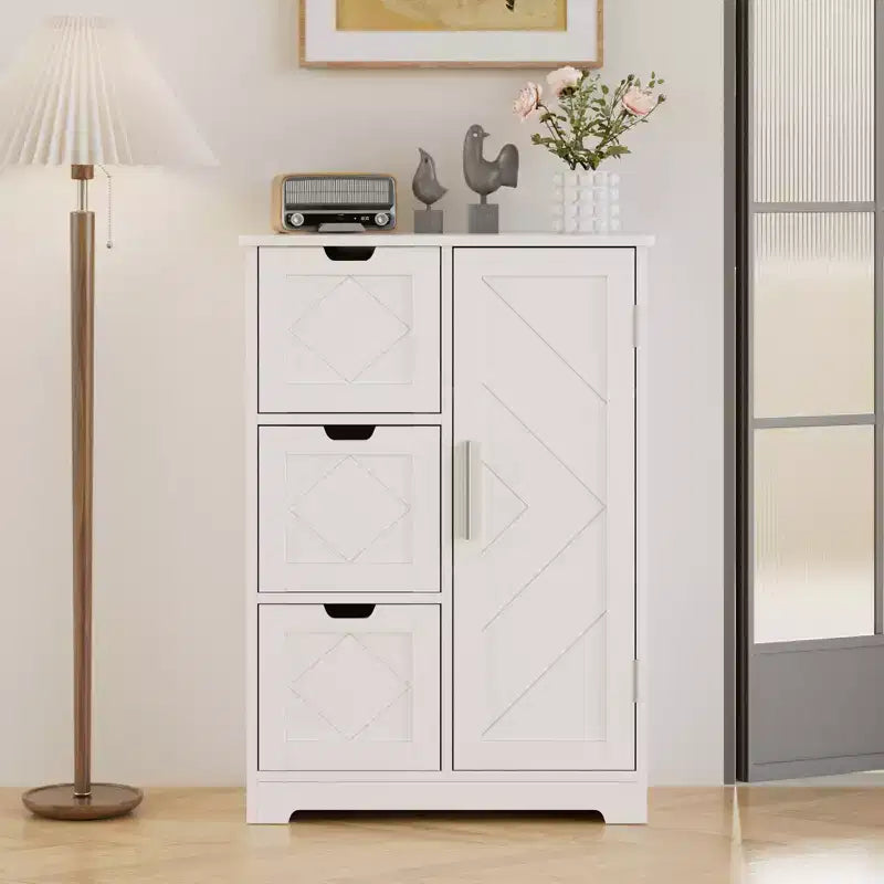 Meuble de Rangement Salle de Bain VECELO, Meuble sur Pied avec 3/4 Tiroirs et 2 Étagères Réglables, Blanc