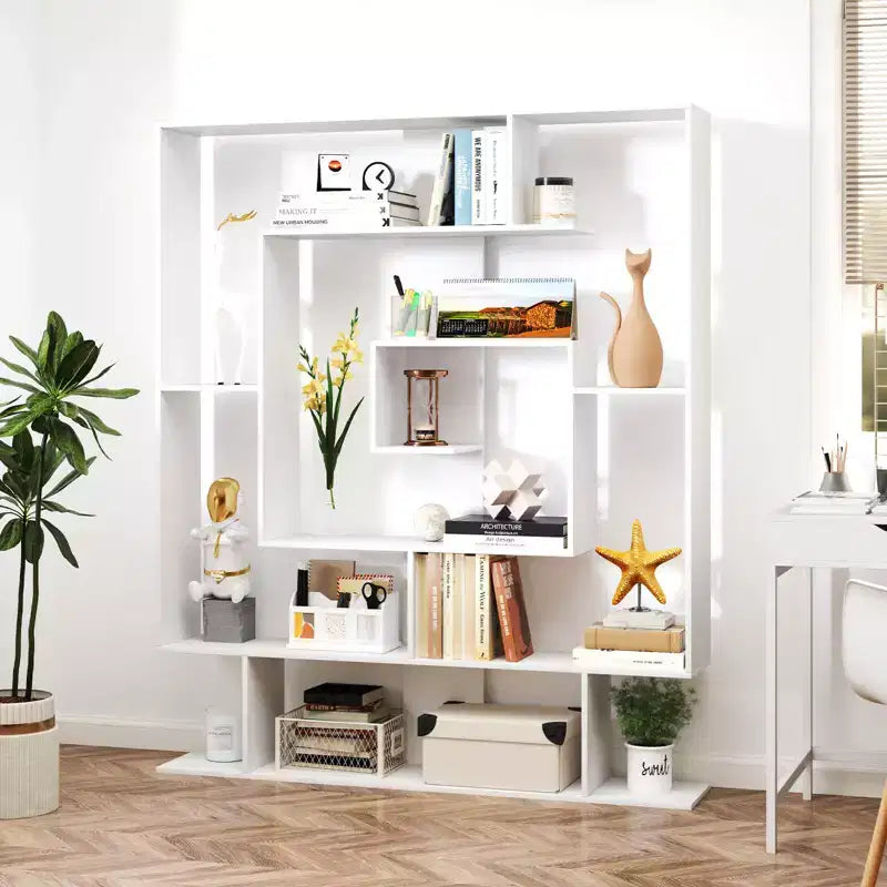 Costway Bibliothèque géométrique à 7 niveaux avec 2 kits anti-basculement Marron rustique/blanc