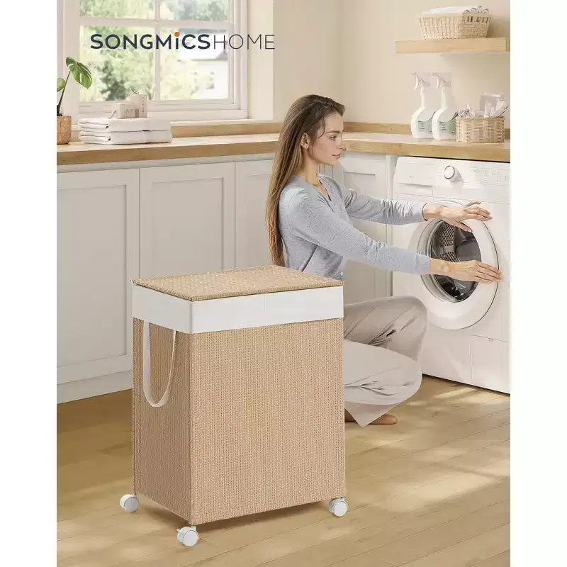 2-Compartment Rolling Laundry Hamper, 100L Capacity, Rattan-Style with Lid, Removable Washable Liner, Natural Beige and Matte White