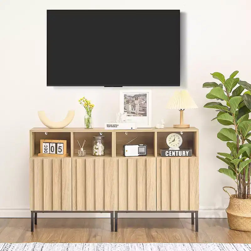 Meuble de rangement industriel-rustique avec portes à effet chêne ondulé, cadre en fer et étagères réglables pour le salon, l'entrée ou la chambre à coucher